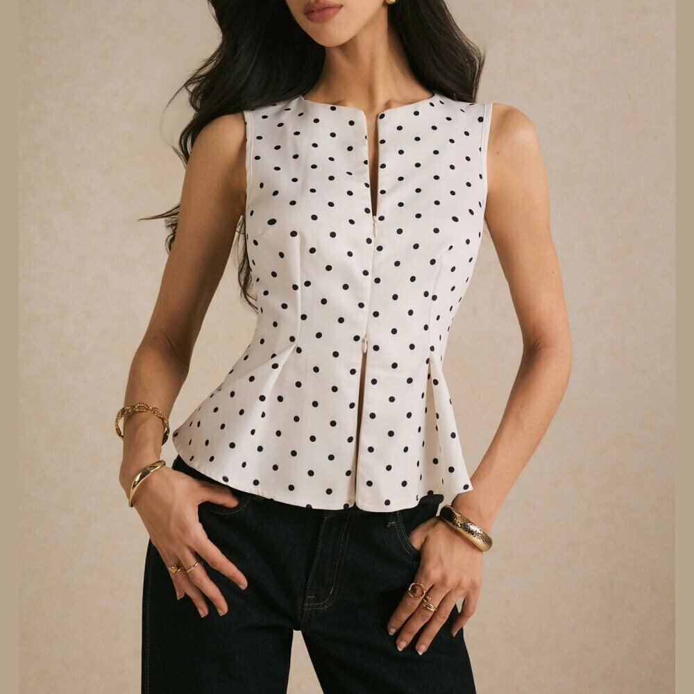 Ivory Polka Dot Sleeveless Peplum Top